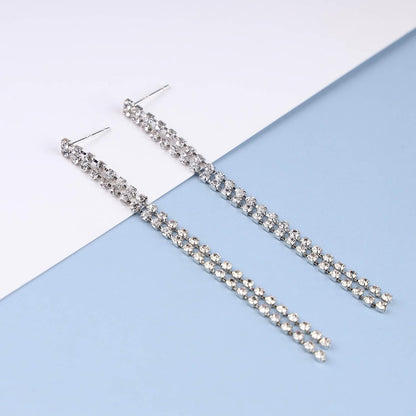 Vintage Rhinestone Chandelier Drop Earrings Long Crystal Chain Earrings Silver Tennis Chain Tassel Earrings Shine Cz Dangle Earrings Jewelry for Women