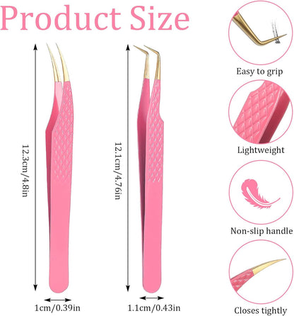 2pcs Lash Cluster Tweezers for Eyelash Extensions Straight and Curved Volume Lash Tweezers Set Lashes Cluster Tweezer for Volume Lashes Extensions, Crafting, Girls Women Beginners