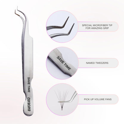 Curacoro Lash Tweezer - Professional & Precision Fiber Tip Grip Lash Tweezers for Eyelash Extensions, Multi Shapes & Purposes Tweezers for Volume, Isolation & Classic Lashes (Silver, Save Time)