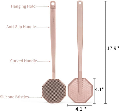 iTokGoK® Silver-Infused Silicone Back Scrubber with Long Handle Back Brush for Shower,Back Brush Long Handle for Men and Women,Ergonomic No-Slip Handle, Long-Lasting (Sand Pink)