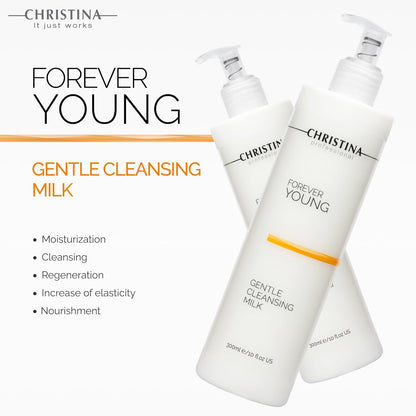 Christina Forever Young Gentle Cleansing Milk with Retinol for Face | Nourishing Formula with Glycolic Acid, Vitamin A, Vitamin E for Aging & Dry Skin | Suitable for ages 30-45+ | 24-Hour Care 300ml