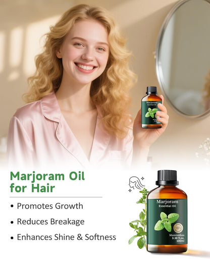 Mumianhua Marjoram Essential Oil 100% Pure Therapeutic Grade Natural Marjoram Oil for Diffuser, Post-Workout Massage Humidifier & Air Purifier | Herbal Essence for Skin Care, DIY Blends 3.38 Fl Oz