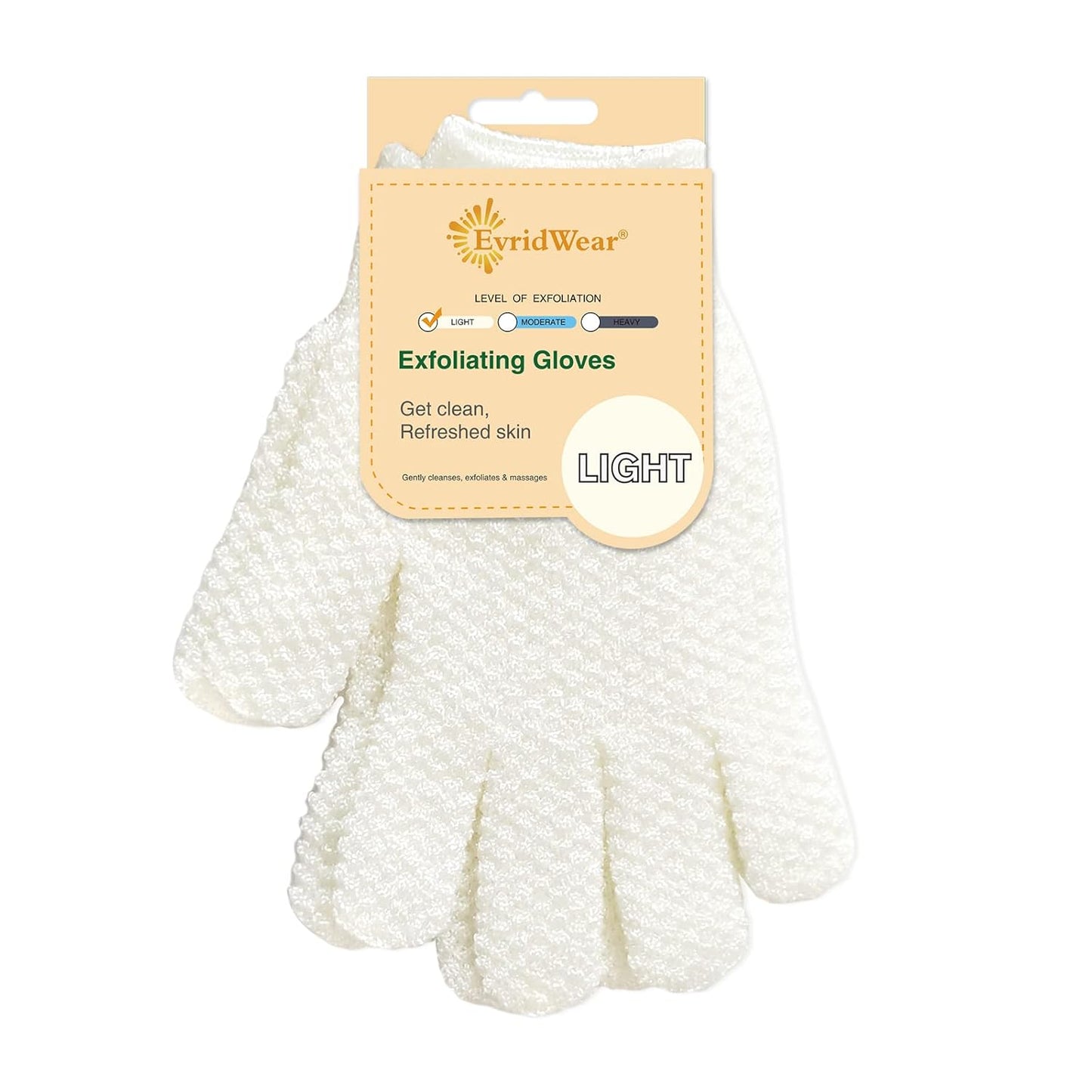 Evridwear Exfoliating Dual Texture Bath Gloves for Shower, Spa, Massage and Body Scrubs, Dead Skin Cell Remover, Gloves with Hanging Loop (1 Pair Light Glove)