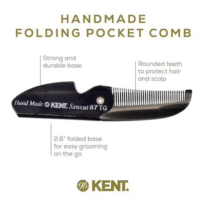 Kent 87T Combo Handmade Folding Pocket Comb for Men, Fine Tooth Hair Comb Straightener for Everyday Grooming Styling Hair, Beard or Mustache, Use Wet or Dry, Saw Cut Hand Polished, Made in England