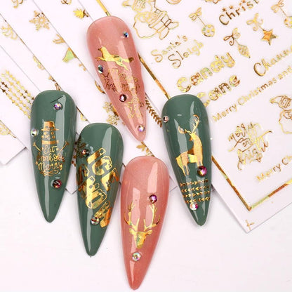 9 Sheets Christmas Nail Art Stickers Decals Self-Adhesive Pegatinas Uñas Holiday Glod Laser Snowflakes Snowman Nail Supplies Nail Art Design Decoration Accessories
