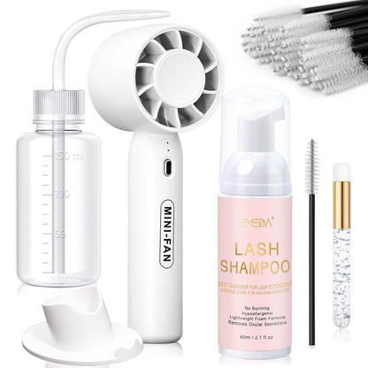 EMEDA Lash Shampoo Kit 2.02 fl oz Lash Cleaning Kit with Rechargeable Fan Dryer/Brush/Rinse Bottle, Oil-free Cleanser Wash for Extensions & Clusters & Natural Lashes, Cleaner for Eyelash Care(White)