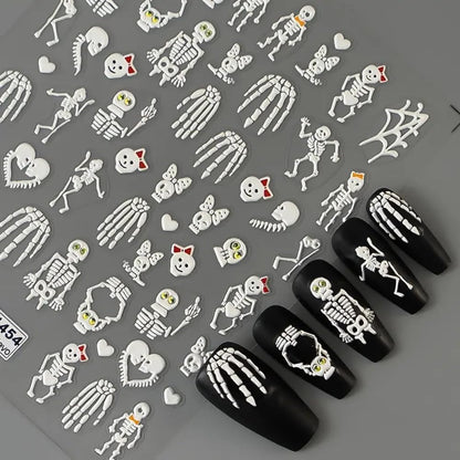 2 Sheets Halloween 5D Embossed Nail Art Stickers - Skeleton, White Skull Nail Stickers with Spider Web Heart Design - Self-Adhesive Horror Decals for Women - Art Supplies and Decorations