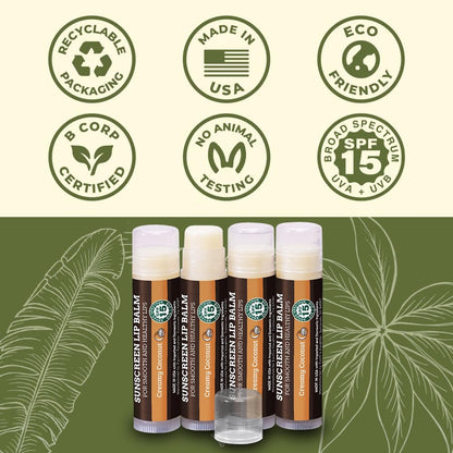 Earth's Daughter SPF Coconut Lip Balm 4-Pack - Lip Sunscreen, SPF 15, Organic Ingredients, Beeswax, Coconut Oil, Vitamin E - Hypoallergenic, Paraben Free, Gluten Free, New