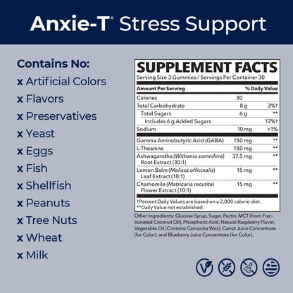 Anxie-T - Stress Relief Gummy - Vitamin Supplement for Mood & Mental Focus Support - Feel Calm and Relaxed - Rapidly Eases Tension - Ashwagandha, GABA & L-Theanine - 90 Gummies