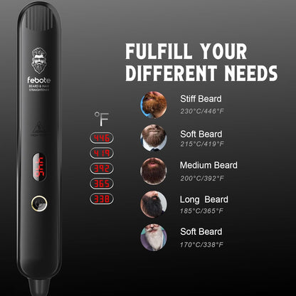 Heated Ionic Hair Straightening Brush for Men - 5 Temperature Settings, Anti-Scald, Beard Shaper & Travel Bag
