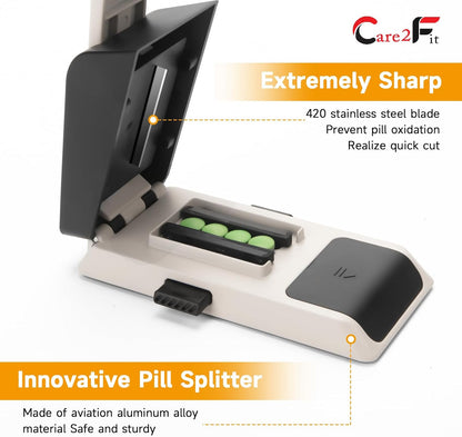 Auto Centering Pill Cutter Device, Pill Splitter Made of Aviation Aluminum Alloy with 402 Stainless Blade, Anti Cut Design,Ergonomic Operation Control,Designed in The USA (White)