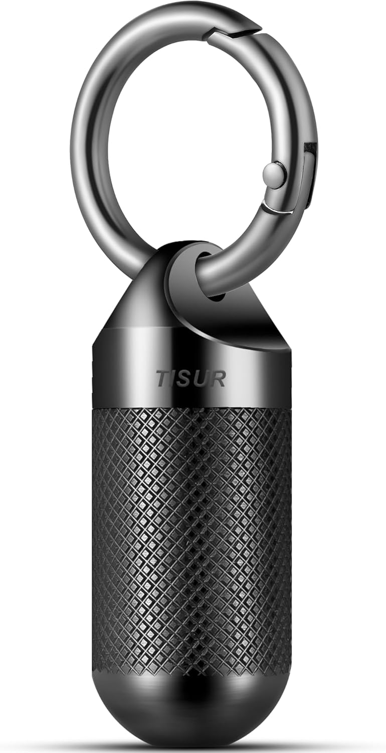 TISUR Small Pill Keychain Container, Mini Portable Titanium Keychain Pill Holder, Pocket Travel Bottle Metal Purse Box Case Black (Large Black-0.63inch)