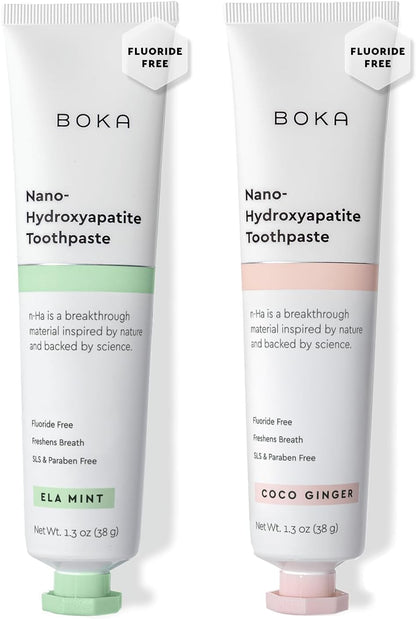 Boka Fluoride Free Toothpaste, Nano Hydroxyapatite Toothpaste, Appropriate for Sensitive Teeth - for Adult, Kids Oral Care - Ela Mint, Coco Ginger Flavor, 1.3 Fl Oz 2Pk US Manufactured