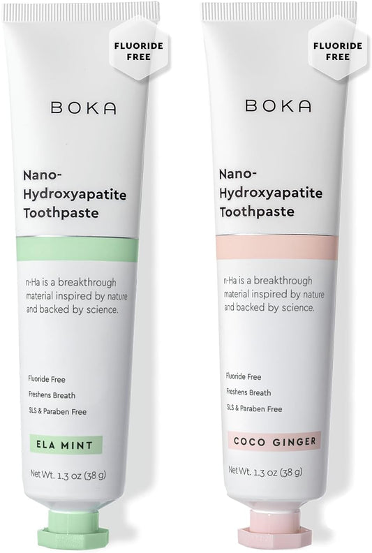 Boka Fluoride Free Toothpaste, Nano Hydroxyapatite Toothpaste, Appropriate for Sensitive Teeth - for Adult, Kids Oral Care - Ela Mint, Coco Ginger Flavor, 1.3 Fl Oz 2Pk US Manufactured
