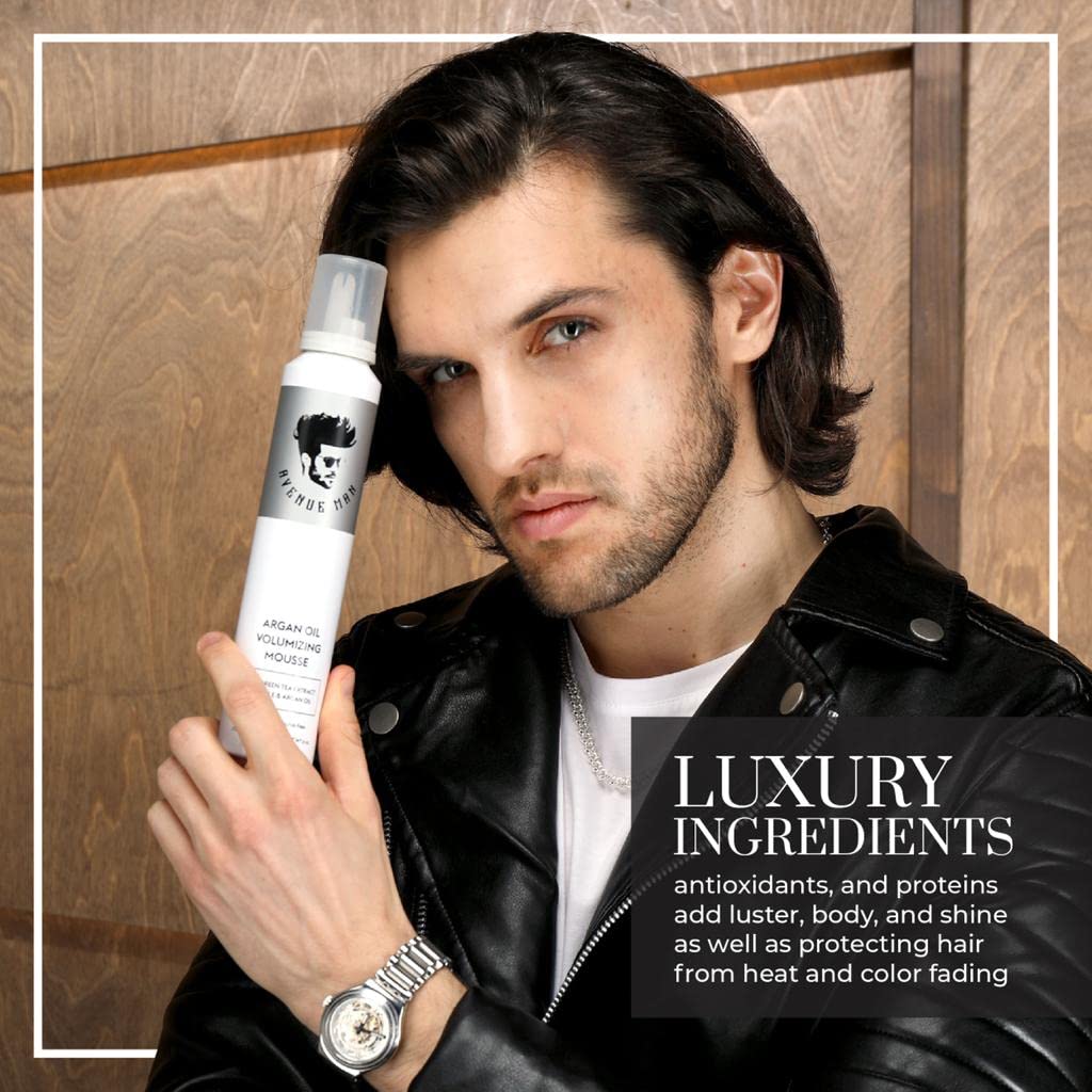 Avenue Man Argan Oil Mousse - Thickening & Volumizing Mousse for Men - Strong Hold, Frizz Control & Humidity Resistance - Herbal-Infused Mens Hair Foam - Long-Lasting Hair Mousse for Men (6.0 oz)