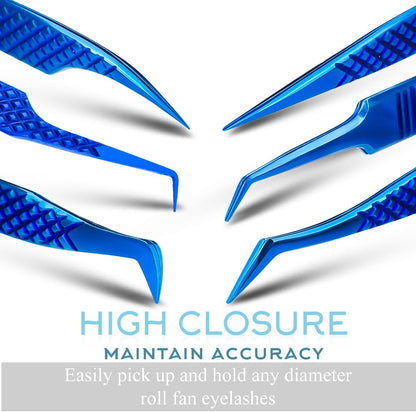 SIVOTE Eyelash Extension Tweezers Fiber Tips Japanese Steel, Set of 6 – Curved, Dolphin, 90° 45° Volume Boot & Slight Curved Tweezer – Professional Lash Tweezers for Lash Extensions Blue