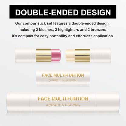 6 Colors Cream Contour Stick Makeup Kit, Shades with Blush, Highlighter and Bronzer, Double Ended Contour Stick for Cheeks, Waterproof and Long Lasting, Matte and Dewy Finish (Set A)