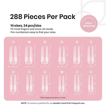 Beetles Gel Nail Tips Long Square 10 Sizes, 288Pcs Pre Shaped Half Matte Press On Nails Gelly Tips False Nails for Gel Nail DIY Art Nail Extensions Acrylic Nails Gift
