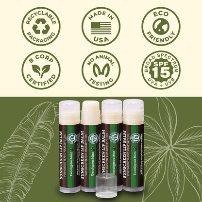 Earth's Daughter SPF Lip Balm Eucalyptus Mint 4-Pack - Lip Sunscreen, SPF 15, Organic Ingredients, Beeswax, Coconut Oil, Vitamin E - Hypoallergenic, Gluten Free