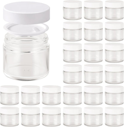 2oz Jars with Lids, Hoa Kinh 24 Pack Clear Glass Jars with Lids Empty Cosmetic Containers Round Airtight Glass Jar with Inner Liners and White Lid for Storing Lotions, Powders, and Ointments