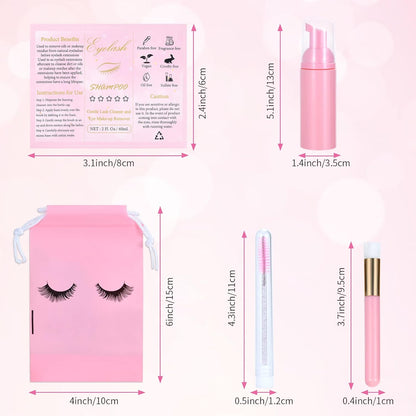 100 Pcs Lash Shampoo Bottle Brushes Set 20 Empty Foam Pump Dispensers 20 Label Stickers 20 Mascara Wands and Tubes 20 Cleansing Brush 20 Bag for Eyelash Extensions Aftercare(Pink)