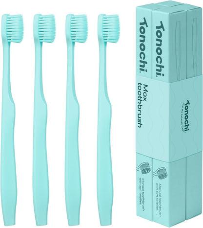 Max Extra-Soft Toothbrush for Adults Sensitive Gums – Gentle Bristles, Wide Angled Head for Back Teeth, Ergonomic Non-Slip Grip, BPA-Free Handle, Individually Wrapped, 4-Pack(Green)