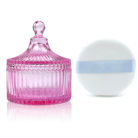 Ultra Soft Powder Puff and Container 3.3" High Density Velvet Dusting Washable Reusable Powder Puff,Body Powder Puff and Glass Jar Holder Loose Powder Box with Puff for Face Makeup(Pink)