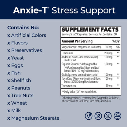 Anxie-T - Stress Relief Supplement - Supports Mood & Mental Focus - Feel Calm and Relaxed - Eases Tension & Nervousness - Ashwagandha, Kava Kava, GABA & L-Theanine - 120 Capsules