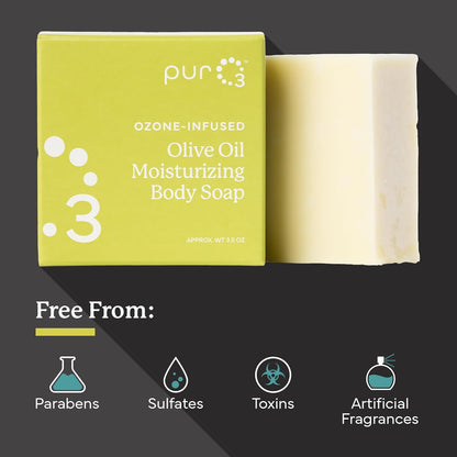 PurO3 Ozonated Olive Oil Soap 3-Pack – Handcrafted Organic Body Wash – Natural Vegan Bars for Women & Men – Gentle, Biodegradable, Non Toxic Cleanser for Shower & Bath, 3.5 oz Bar Set
