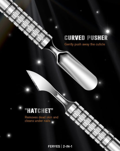 2025 Upgraded Dual Head Cuticle Pusher Remover Tool - Curved & Chisel Edge Stainless Steel, Ergonomic Non-Slip Handle for Professional Salon & Home Manicure Nail