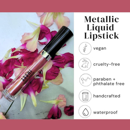 Aromi Metallic Liquid Lipstick | Rose Chestnut Lip Color with Shimmery Finish, Vegan, Cruelty-free, Long-lasting, Waterproof, Gluten Free (Alpine Bloom)