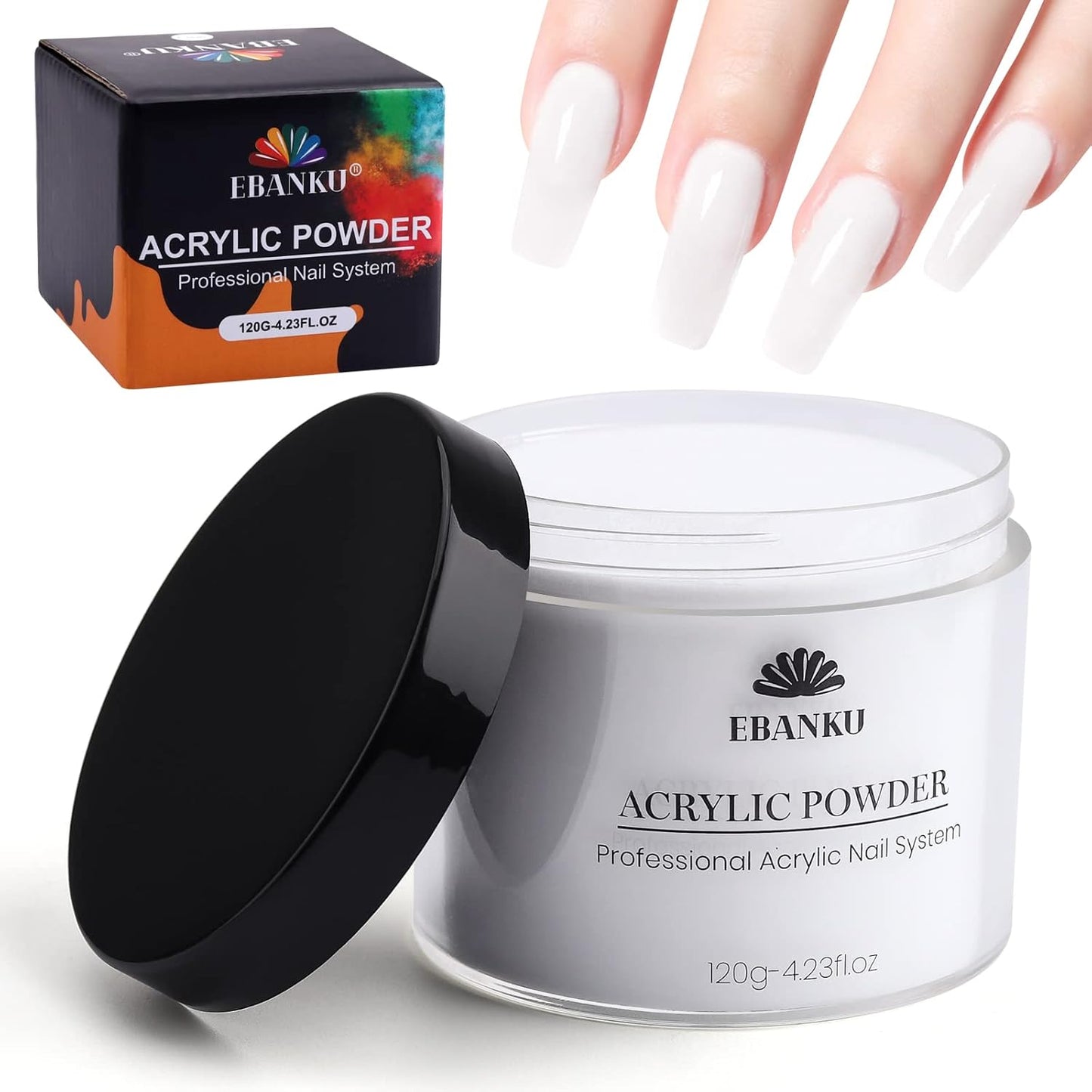EBANKU White Acrylic Powder, 120g/4.23oz Acrylic Powder Large Capacity Professional Acrylic Nail Powder for Nail Acrylic Extension, Nail Carving, Long-Lasting, No Nail Lamp Needed