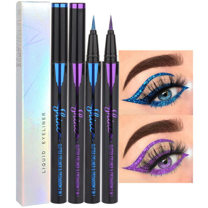 evpct 2Pcs Royal Blue & Purple Glitter Colored Liquid Eyeliner Eye Shadow Makeup Pencil Set, Purple Blue Face Body Glitter Makeup Fake Eyelashes Mascara, Sparkle Metallic Shimmer Eyeliner Waterproof