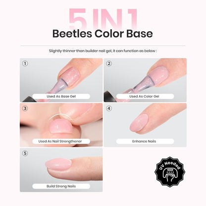 Beetles Rubber Base Color Gel Nail Polish Set 6 Colors Glitter Nude Pink Color Base 5 in 1 White Gel Polish Strengthener for Thin Nails Soak Off U V Nail Art DIY Gift for Women