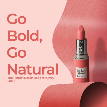Hickey Lipstick for Women, Organic Beach Babe Coral Lipstick Refill - Hydrating & Moisturizing Long Lasting Lipstick - Vegan & Gluten-Free with Velvet Finish - Highly Pigmented, Smooth & Creamy Makeup