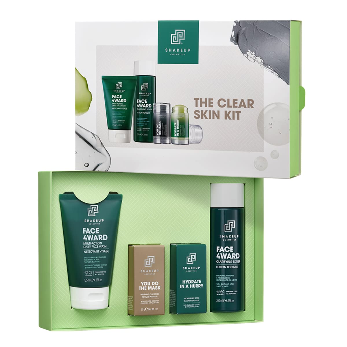 Shakeup - 4-Piece Clear Skin Kit, Mens Skincare Gift Set, Targets Blemishes, Daily Face Wash, Clarifying Toner, Purifying Mask & Moisturiser Stick