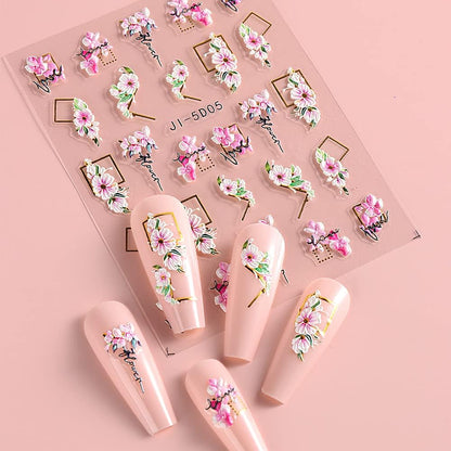 5D Nail Art Stickers 4 Sheets Pink Flowers Geometric Lines Decor Acrylic Embossed Sliders Gold Strips Decals Charms Cherry Blossom Manicure Accessories