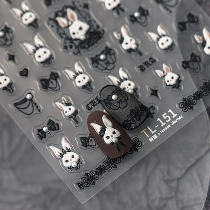 5D Embossed Bunny Nail Stickers Lovely Rabbit Nail Art White Black Nail Decals Cute Stickers for Nails Designs Self Adhesive Nail Art Supplies & Decorations for Women Girls 1 Sheet