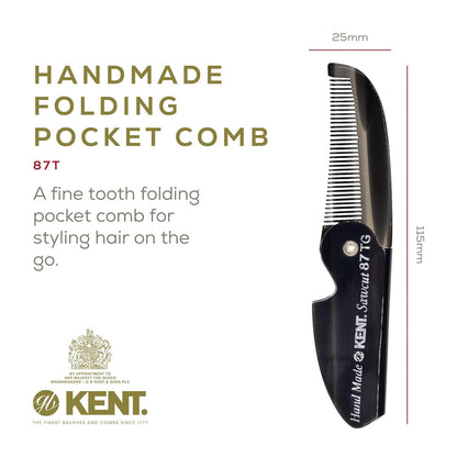 Kent 87T Black Graphite Handmade Folding Pocket Comb for Men, Fine Tooth Hair Comb Straightener for Everyday Grooming Styling Hair, Beard or Mustache, Saw Cut Hand Polished, Made in England (2 Pack)