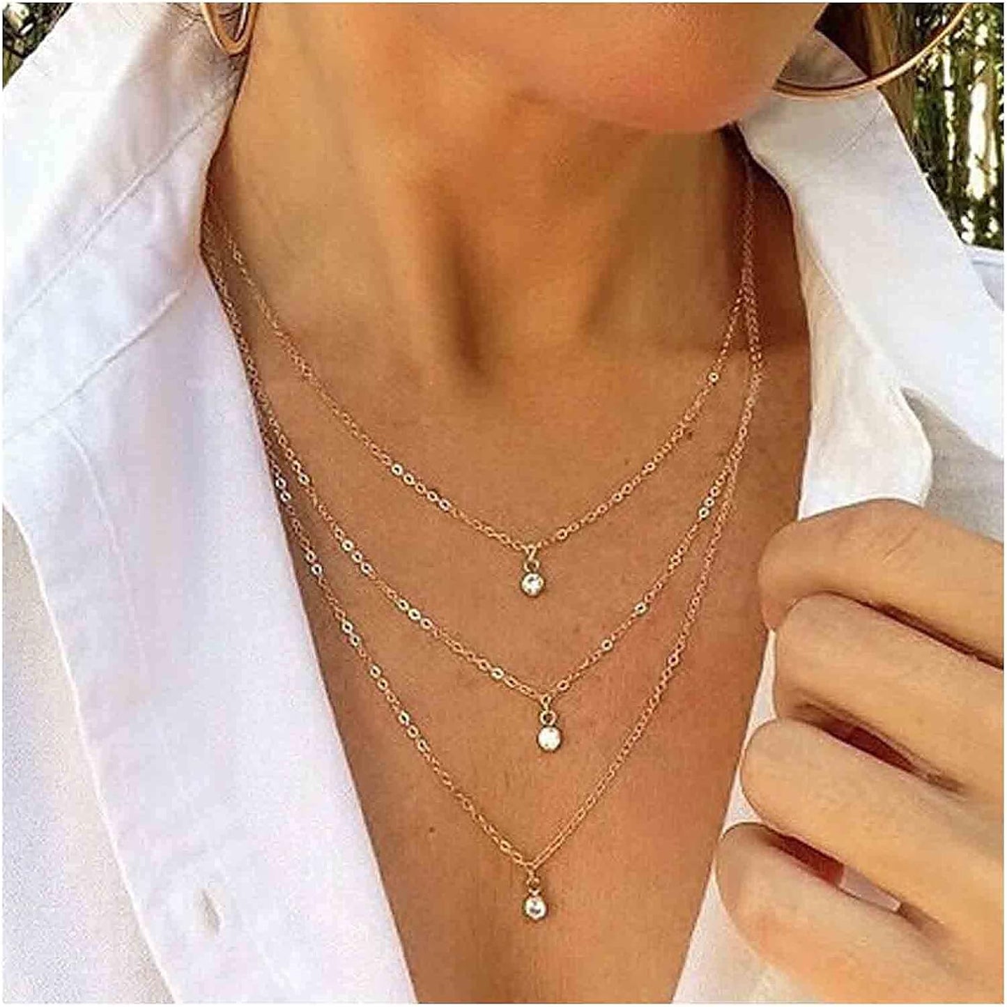 Boho Layered Crystal Necklace Gold Rhinestone Pendant Chain Necklace Vintage Multi Strand Necklace Chain Jewelry for Women