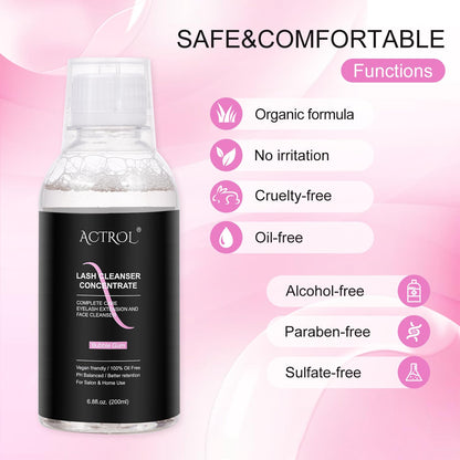 Eyelash Cleanser Concentrate 200ml Bubble Gum Professional Lash Shampoo Foaming Cleanser DIY Paraben & Sulfate Free Non-lrritating Wash for Extensions Lashes Care-Makes 20 Bottles
