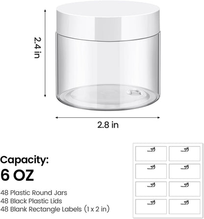 TUZAZO 48 Pack 6 Oz Plastic Container Jars with Lids and Labels BPA Free, Empty Round Clear Cosmetic Containers Plastic Slime Jars for Lotion, Cream, Ointments, Body Butter, Travel Storage (48)
