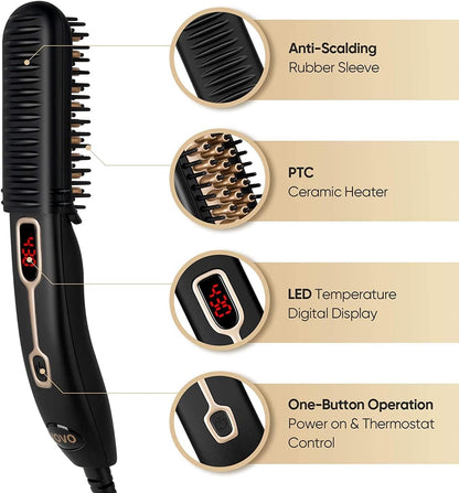 VOVO Beard Straightener Comb Upgrade Professional 2 in 1 Men's Beard Straightening Heated Hair Straightening Brush Portable Anti-Burn 6 Temperature Adjustable with LED Display for Home and Travel