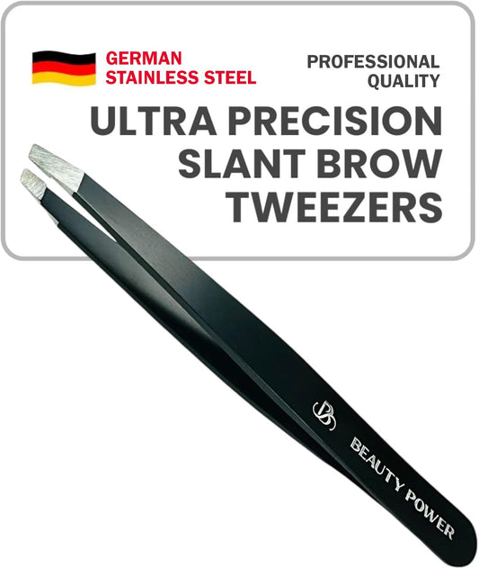Ultra-Precision Professional Slant Tweezers for Women Facial Hair - German Stainless Steel, Lightweight Black Tweezers for Women & Men, Ideal for Eyebrow & Facial Grooming (Matte Black)