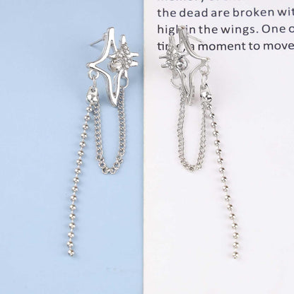 Vintage Crystal Northstar+Chain Drop Earrings Silver Tassel Chain Earrings Rhinestone Northstar Stud Earrings Long Beaded Chain Tassel Earrings Jewelry for Women