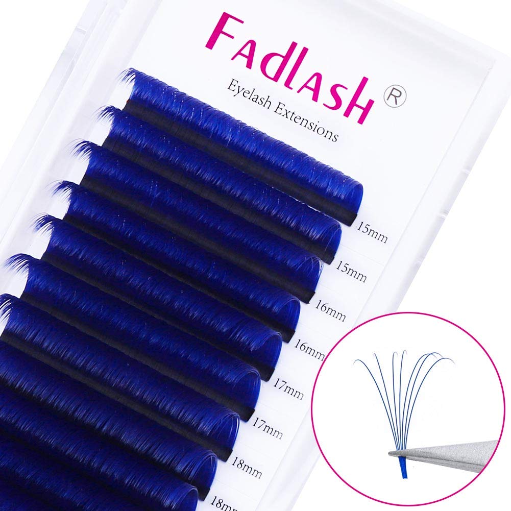 Volume Lash Extensions D Curl 15-20mm Mixed Tray Easy Fan Lashes 0.07mmm Blue Color Mink Self Fanning Eyelash Extensions by FADLASH (Blue 0.07-D, 15~20mm Mix)