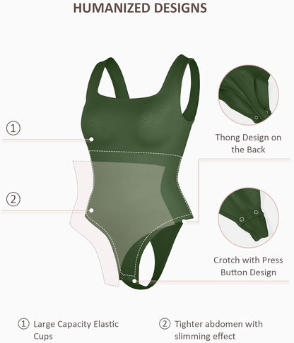 FeelinGirl Bodysuits for Women Seamless Square Neck Tummy Control Compression Thong Shapewear Bodysuit Tank Tops Bodysuit