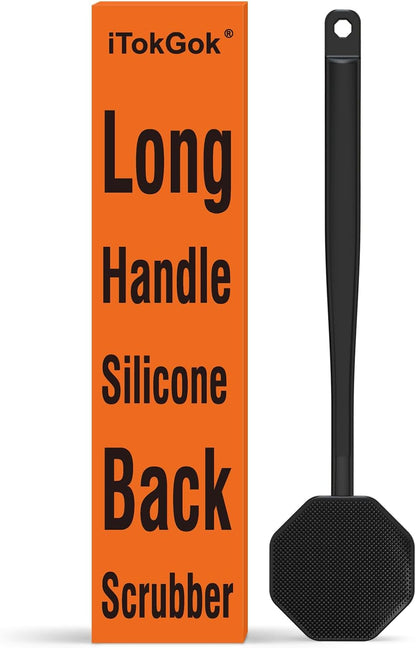 iTokGoK® Premium Silver-Infused Silicone Back Scrubber with Long Handle Back Brush for Shower,Back Brush Long Handle for Men and Women,Ergonomic No-Slip Handle, Long-Lasting (Black)