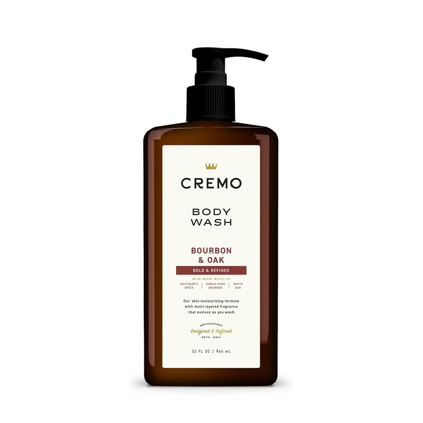 Cremo Rich-Lathering Bourbon & Oak Body Wash for Men, Notes of Distillers Spice, Fine Bourbon and White Oak, 32 Fl Oz