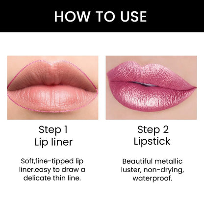 Kaely 2-in-1 Rose Pink Metallic Shine Shimmer Lip Liner & Lipstick Combo Set Kit for Women, Lightweight Hydrating Formula High Impact Full Coverage Lipstick and Lip Liner Makeup Stains Gloss 21